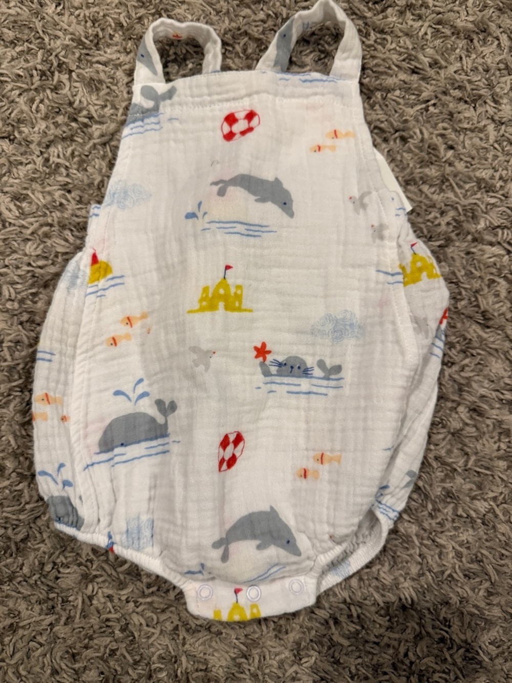 Angel Dear White Muslin Romper with Gray, Yellow and Red Ocean Motifs